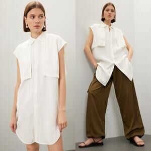 K.ngsley Nes Shirt Dress Cap Sleeve Collared Button Front Tunic Top White Medium